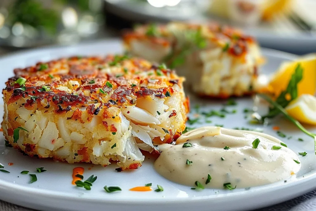 Golden brown crab cakes garnished with fresh herbs and lemon wedges on a white plate