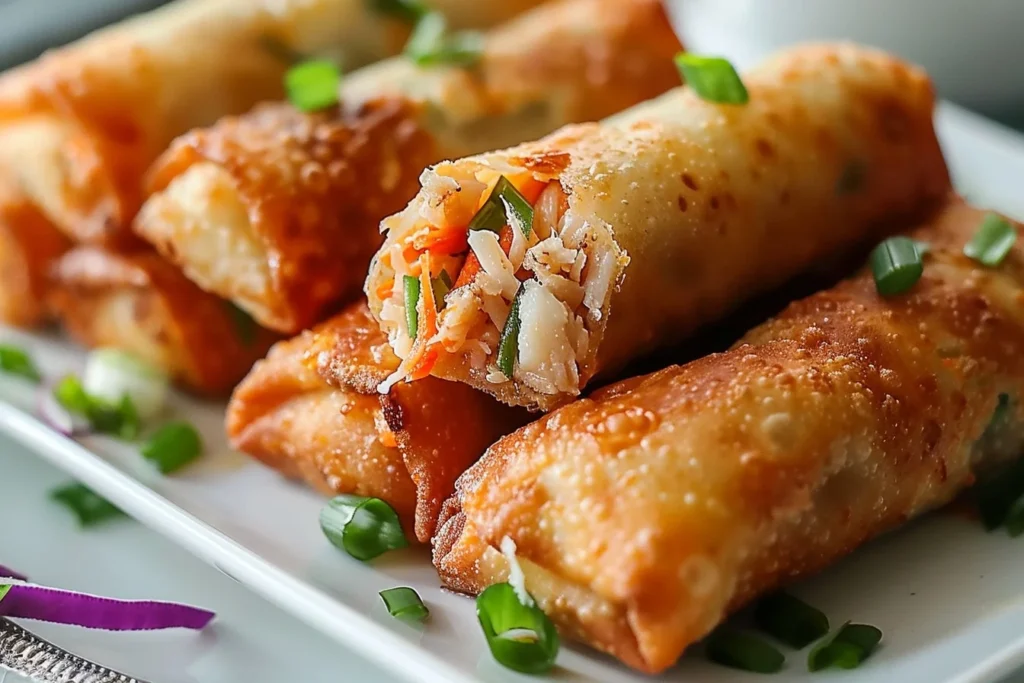 A plate of golden-brown crab cake egg rolls served with dipping sauce and garnished with green onions
