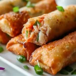 A plate of golden-brown crab cake egg rolls served with dipping sauce and garnished with green onions