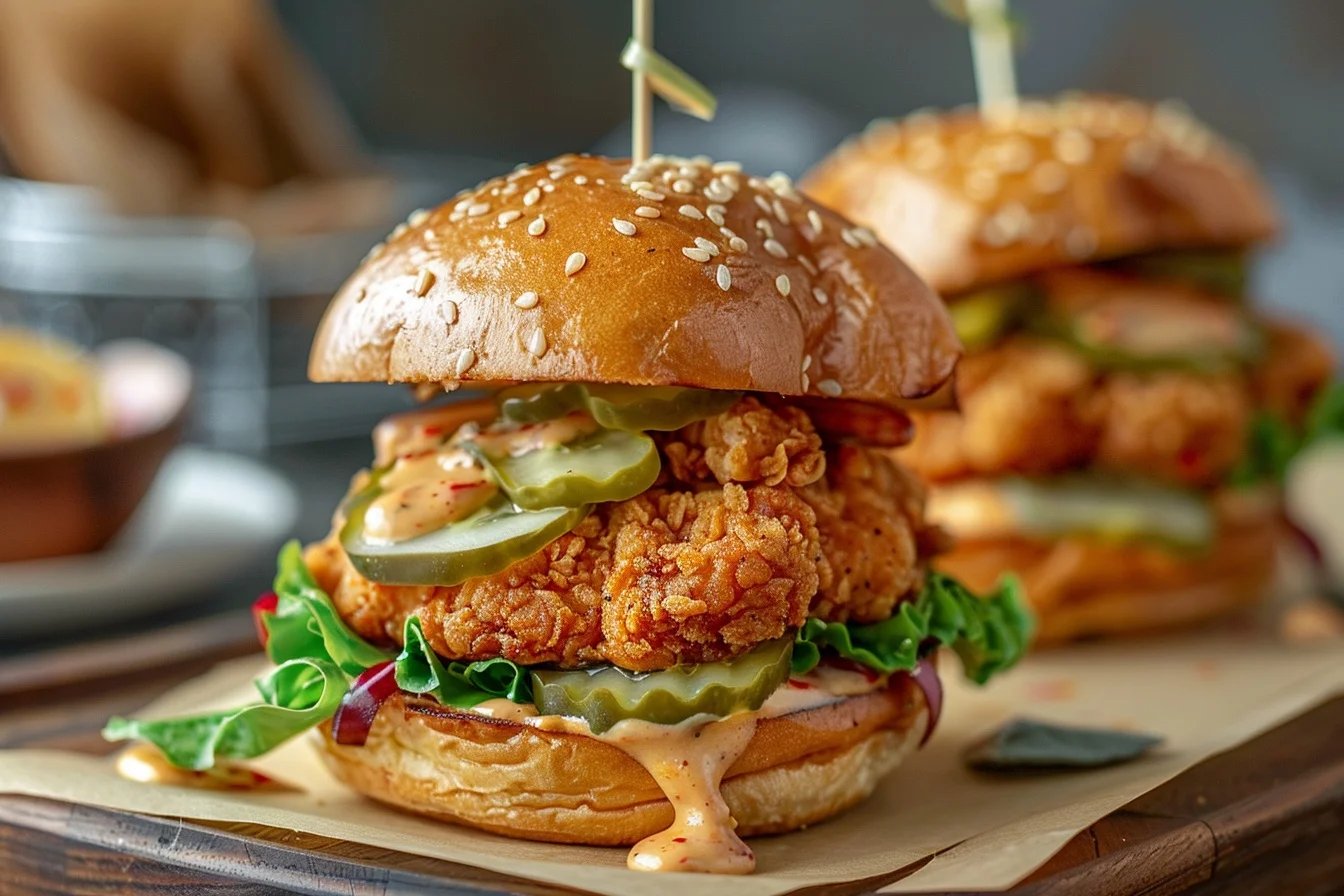 Juicy Crack Chicken Burgers topped with lettuce, tomato, and a creamy sauce on a wooden platter