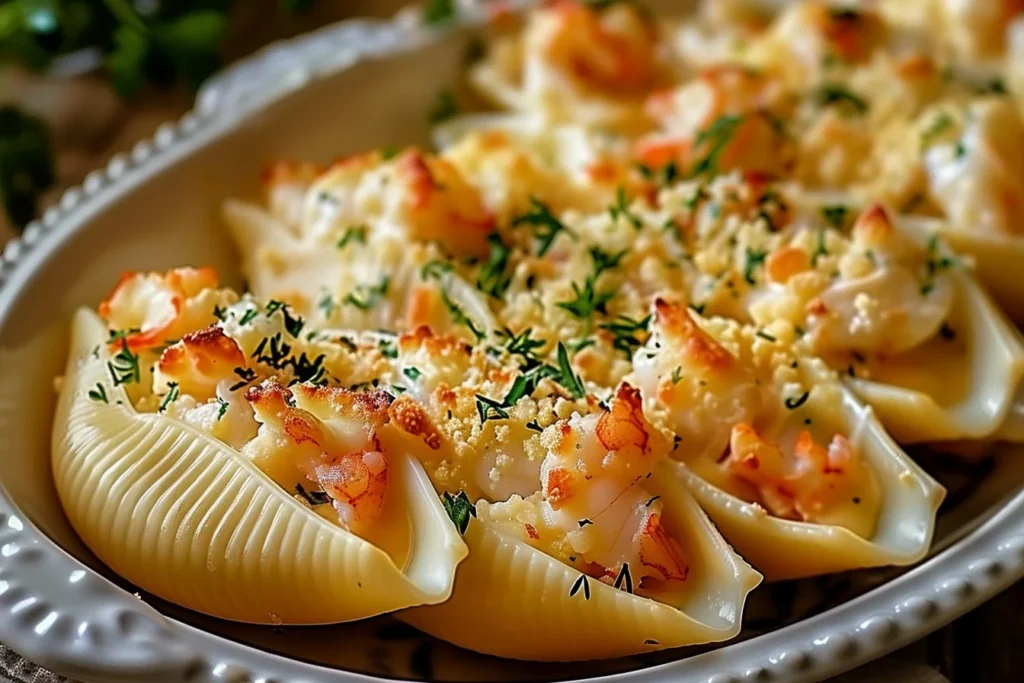 A plate of creamy seafood stuffed shells topped with parsley and parmesan cheese