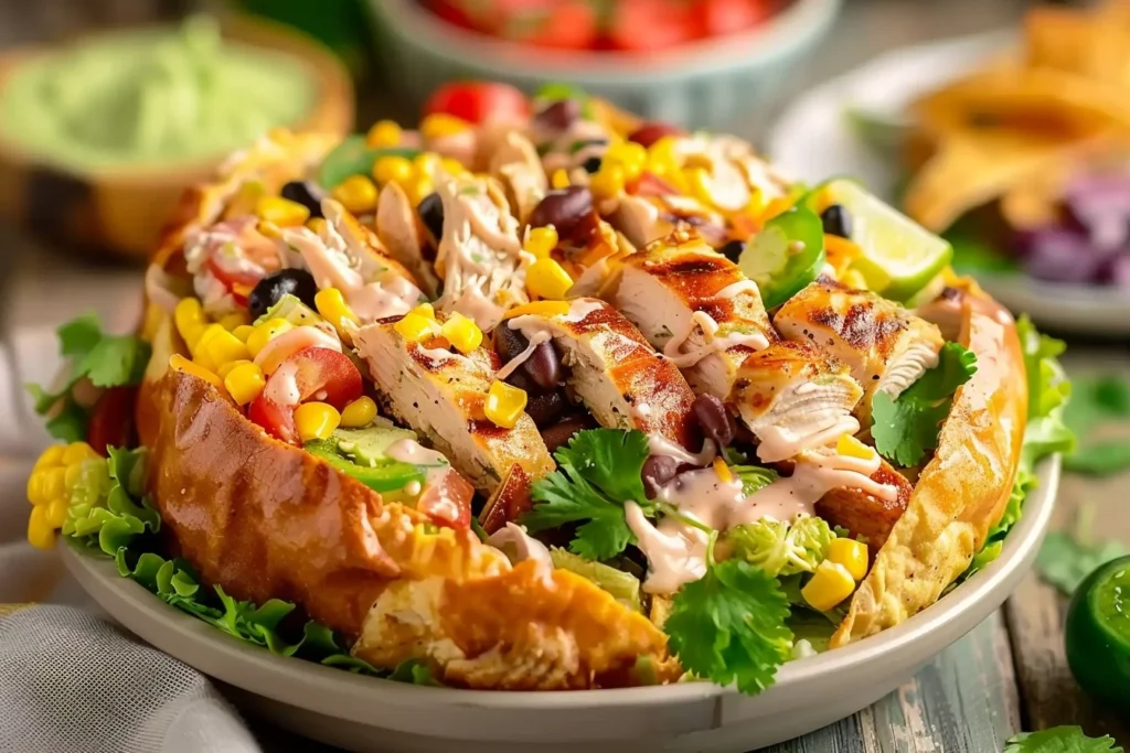 A vibrant bowl of creamy taco chicken salad topped with avocado, cherry tomatoes, and cilantro