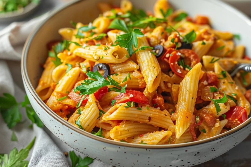 A bowl of creamy vegan Cajun pasta topped with fresh parsley and red pepper flakes