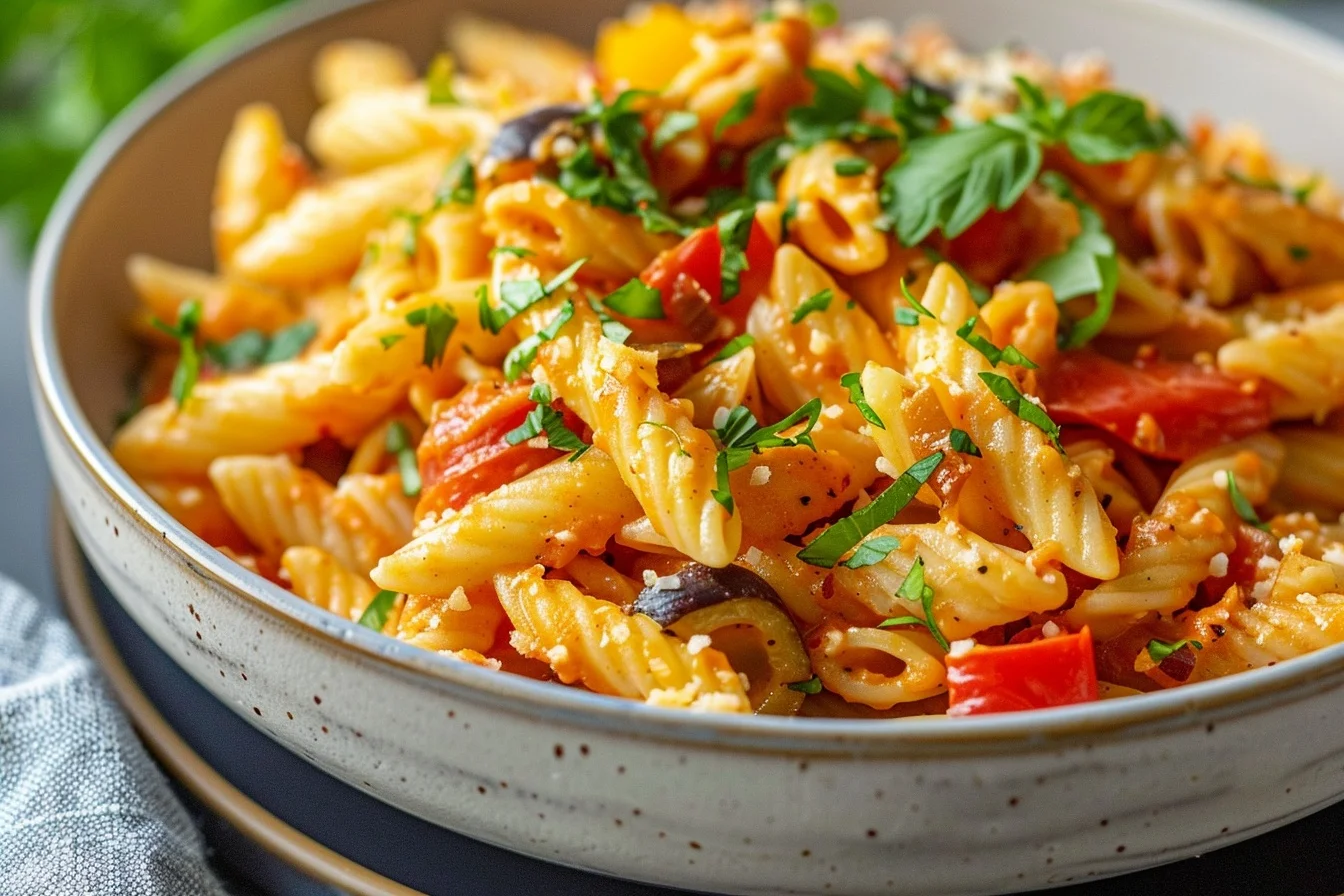 A bowl of creamy vegan Cajun pasta topped with fresh parsley and red pepper flakes