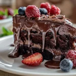 A rich, decadent Death By Chocolate Poke Cake topped with chocolate frosting and chocolate shavings