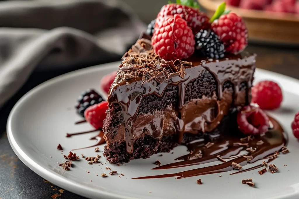 A decadent Death By Chocolate Poke Cake topped with chocolate ganache and chocolate shavings