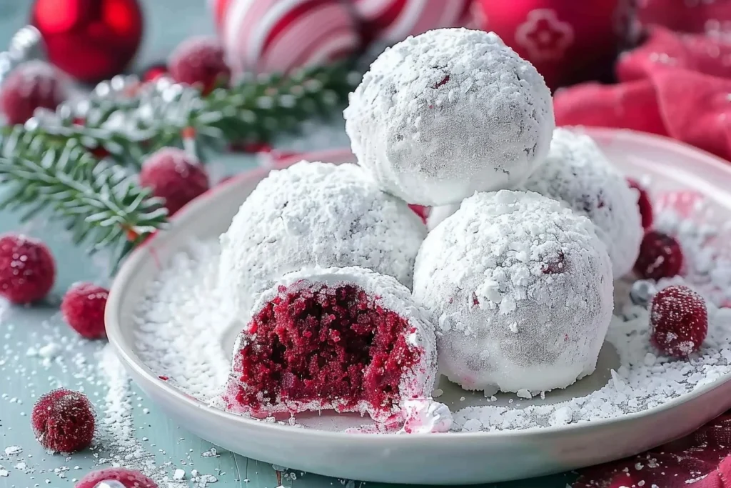 A plate of decadent red velvet snowballs dusted with powdered sugar, garnished with mint leaves.