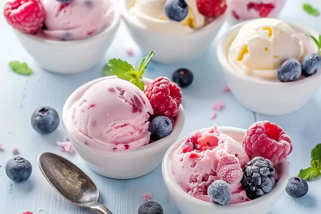 A plate of colorful frozen yogurt bites topped with fresh fruit and nuts