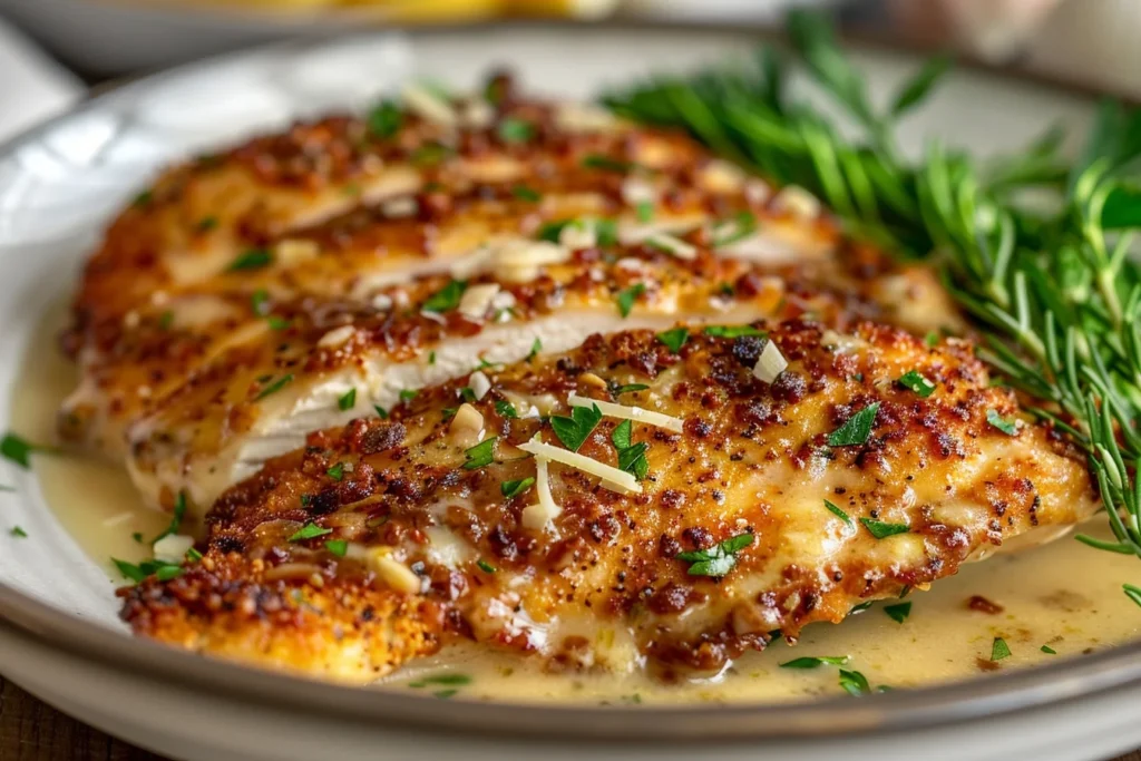 Juicy garlic parmesan chicken garnished with fresh parsley on a white plate