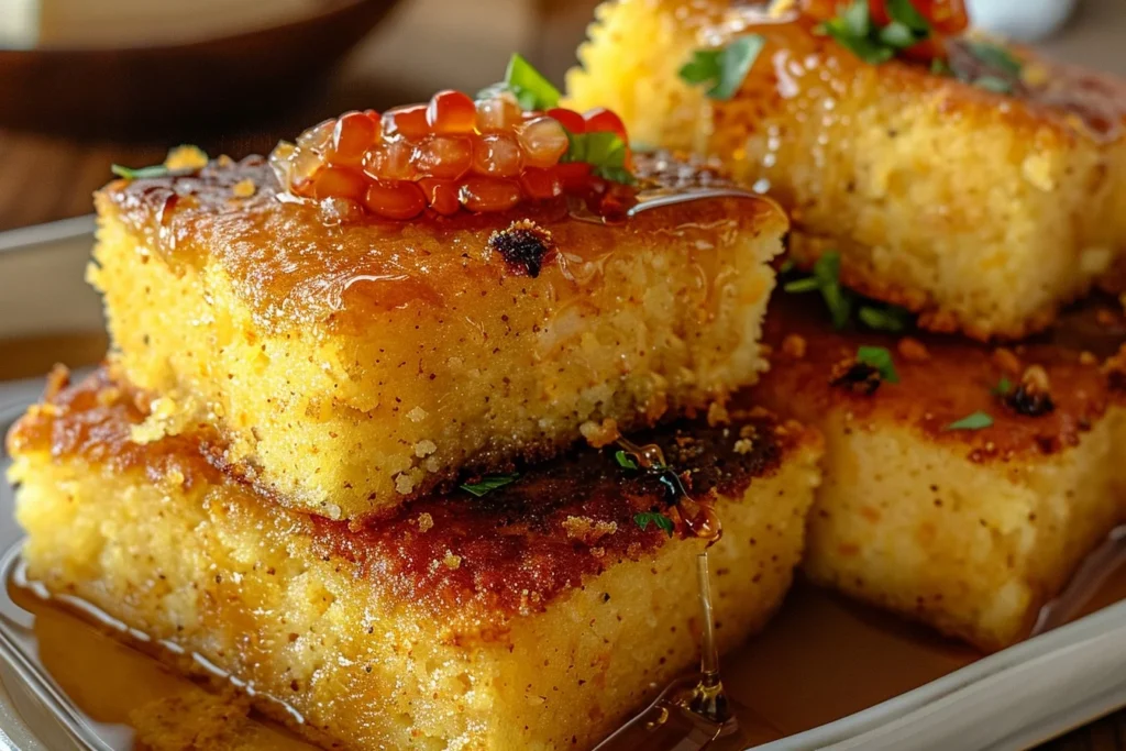 Honey Butter Cornbread 1 Golden brown honey butter cornbread slices on a rustic wooden table