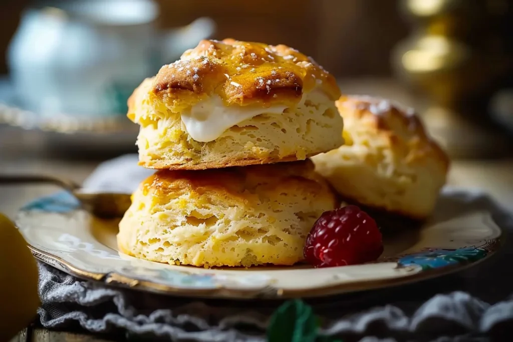 Freshly baked lemonade scones arranged on a white plate with a lemon slice
