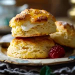 Freshly baked lemonade scones arranged on a white plate with a lemon slice