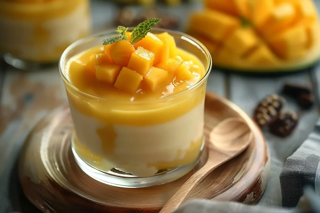 A creamy mango pudding topped with fresh mango slices and mint leaves in a glass bowl