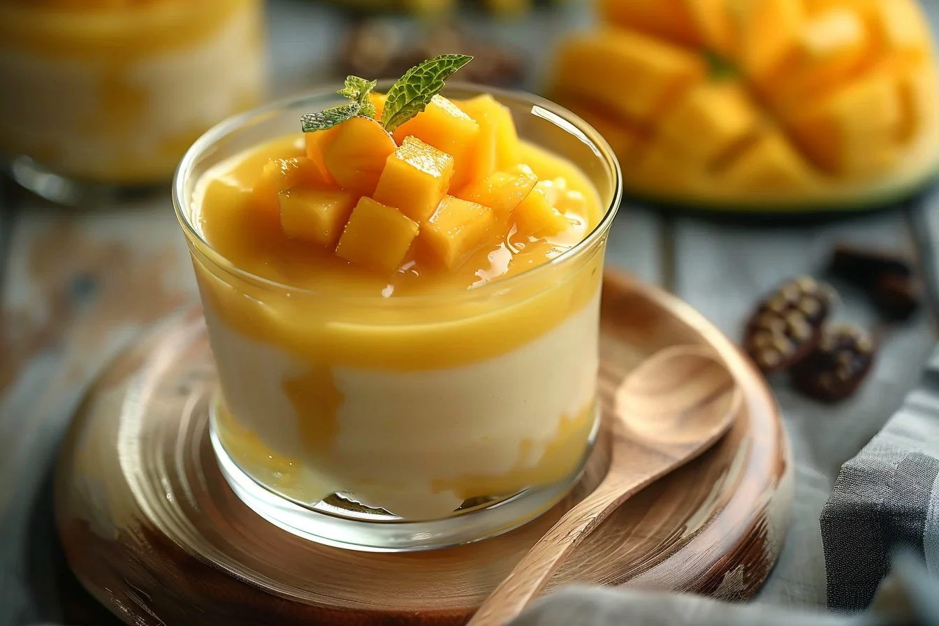A creamy mango pudding topped with fresh mango slices and mint leaves in a glass bowl