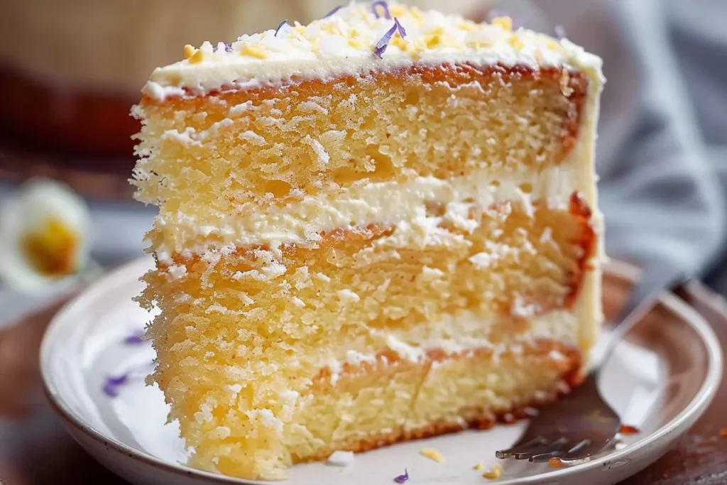 A beautifully decorated vanilla cake with white frosting and colorful sprinkles on a wooden table