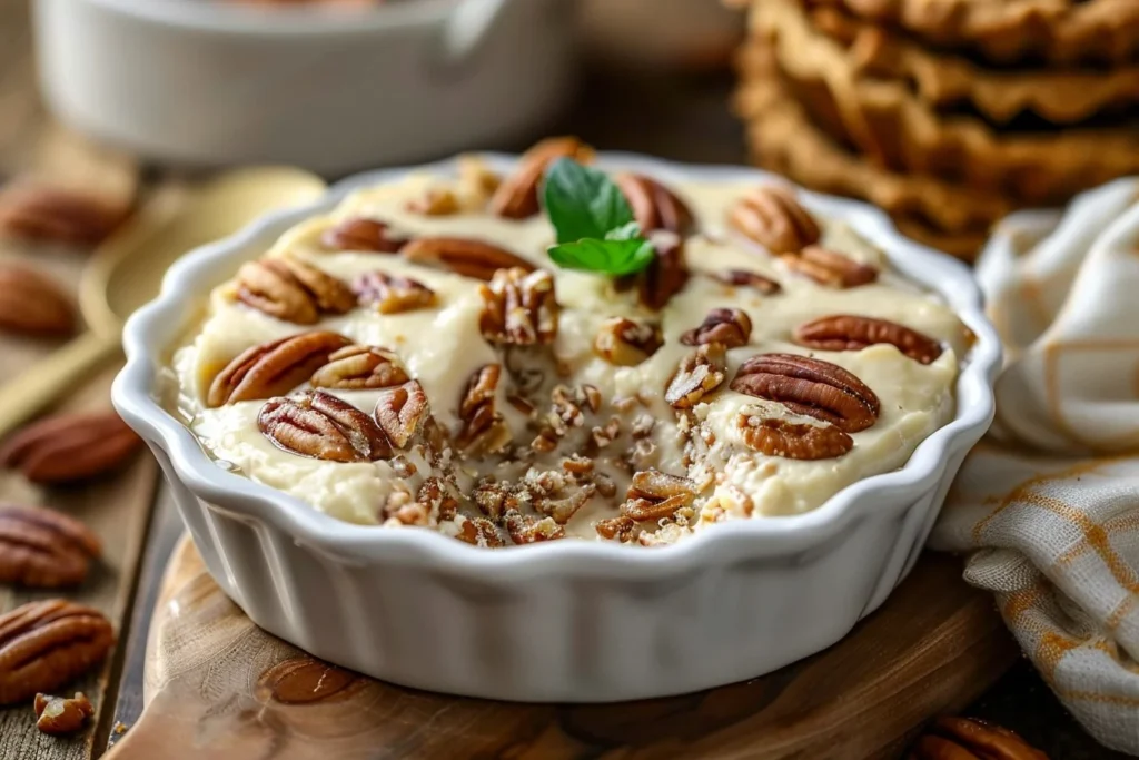 A bowl of creamy No Bake Pecan Pie Dip topped with crushed pecans and whipped cream, served with graham crackers.