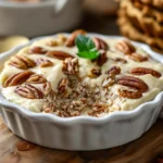 A bowl of creamy No Bake Pecan Pie Dip topped with crushed pecans and whipped cream, served with graham crackers.
