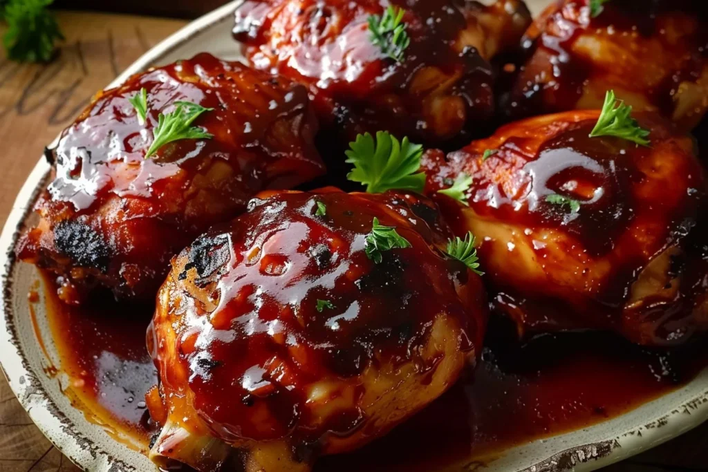 Juicy oven baked BBQ chicken thighs garnished with fresh herbs and served with a side of coleslaw