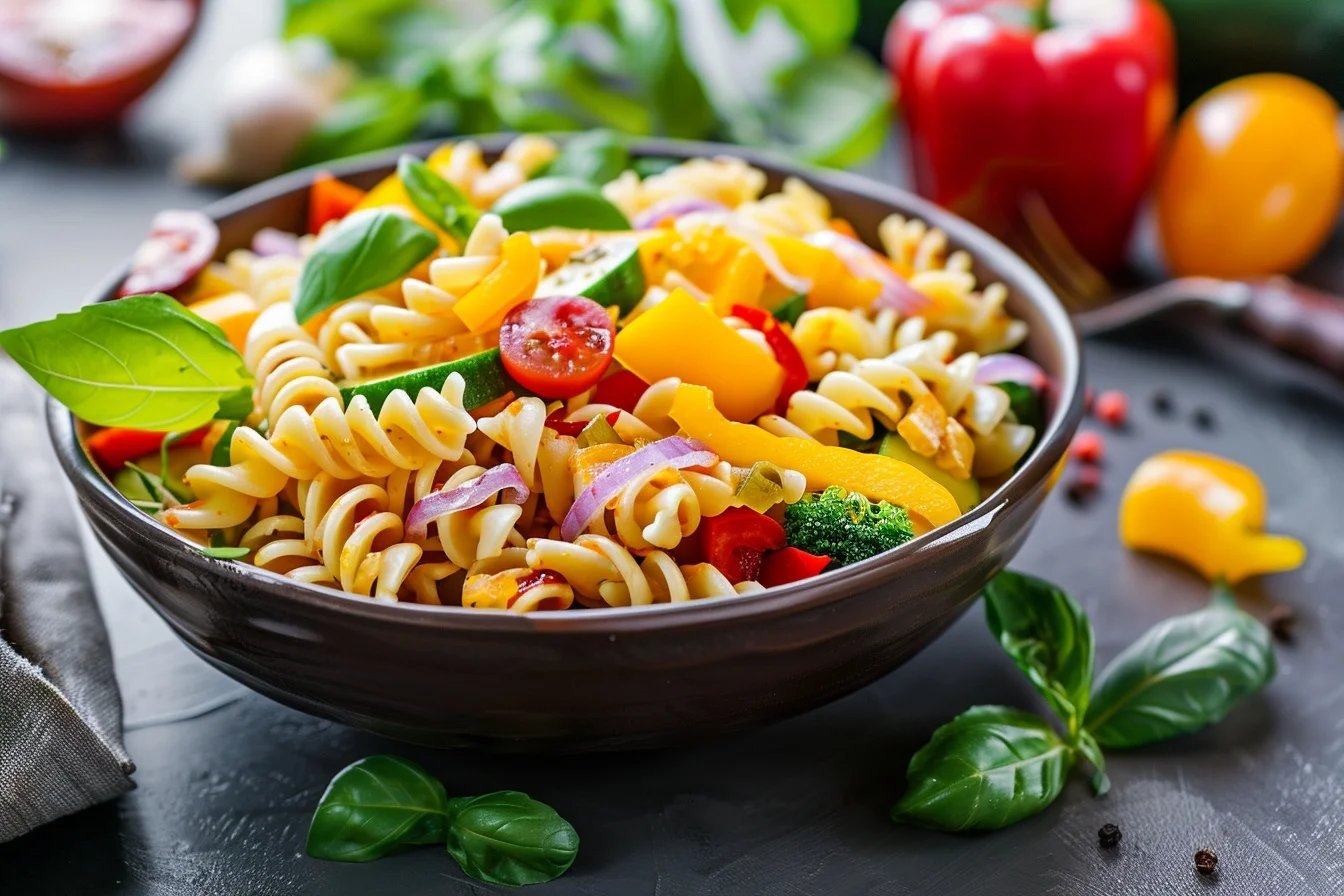 A colorful pasta veggie salad with cherry tomatoes, bell peppers, and fresh basil in a large bowl