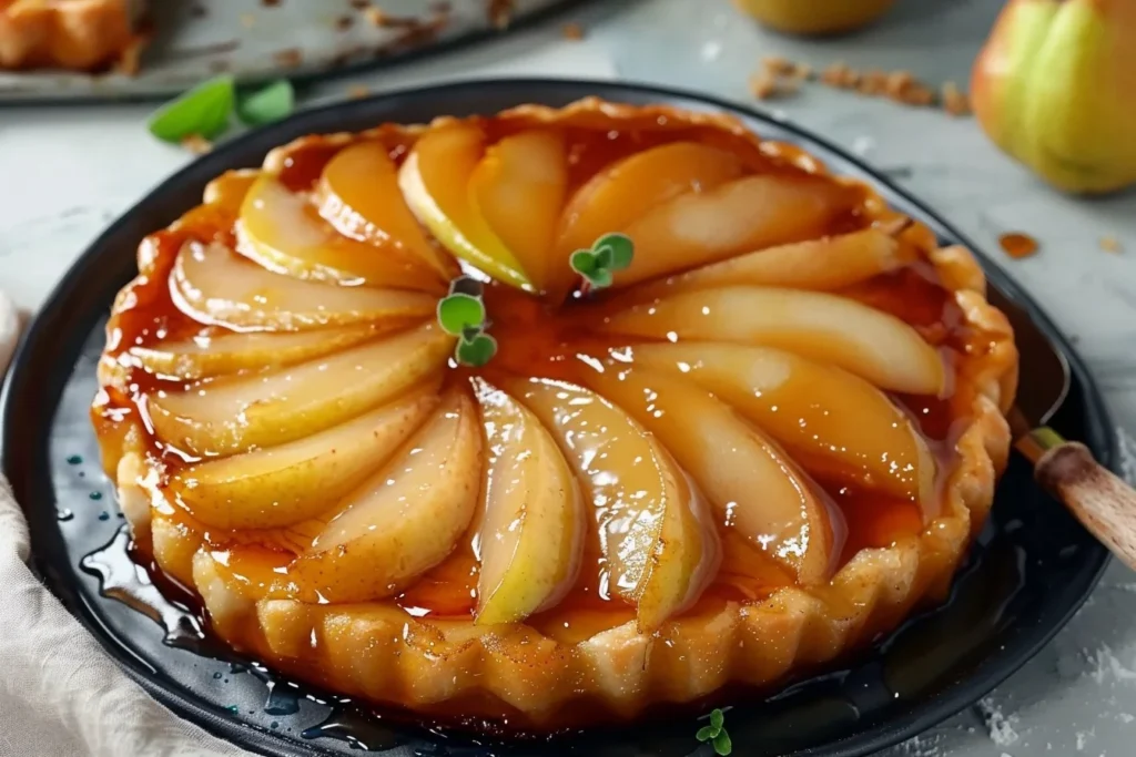A beautifully caramelized pear tarte tatin on a rustic wooden table with a slice cut out