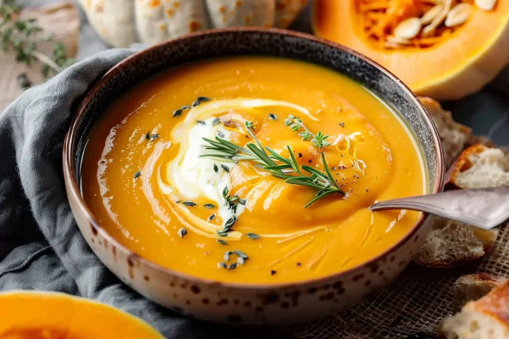 A creamy bowl of pumpkin soup garnished with fresh herbs and a drizzle of cream