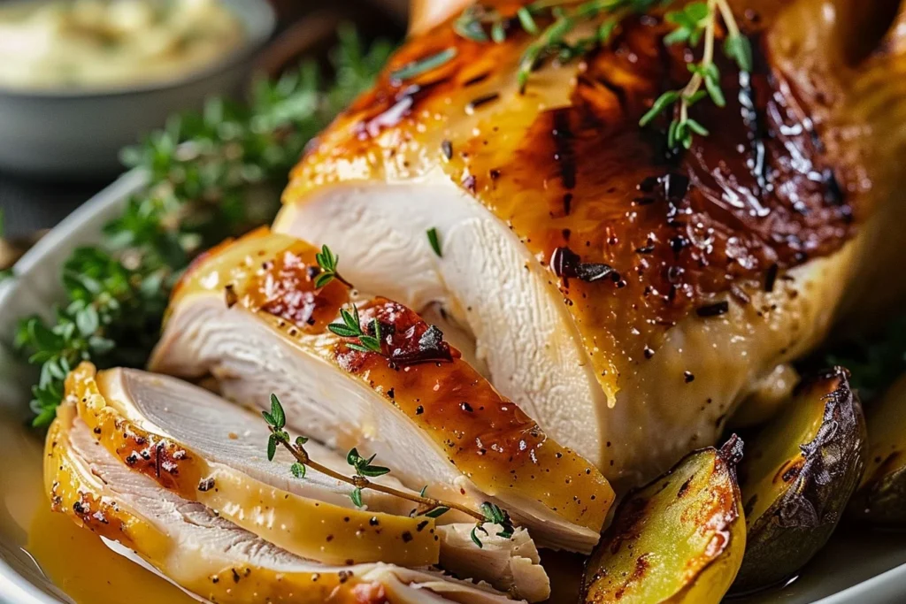 A beautifully roasted turkey breast garnished with fresh herbs and served on a wooden cutting board.