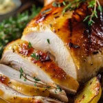 A beautifully roasted turkey breast garnished with fresh herbs and served on a wooden cutting board.