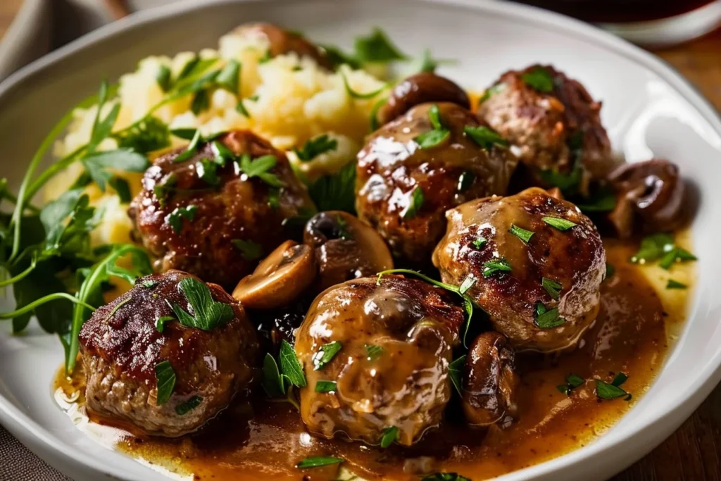 Delicious Salisbury steak meatballs topped with rich mushroom gravy, served on a white plate with parsley garnish