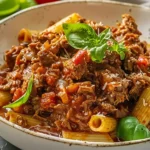 A hearty bowl of slow cooked shredded beef ragu pasta topped with fresh basil and grated Parmesan cheese