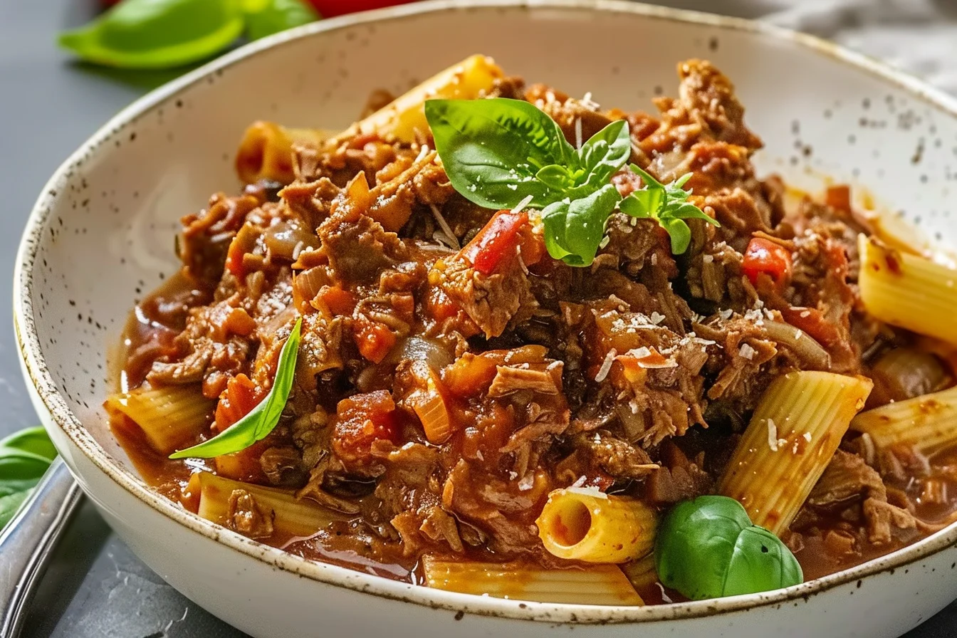 A hearty bowl of slow cooked shredded beef ragu pasta topped with fresh basil and grated Parmesan cheese