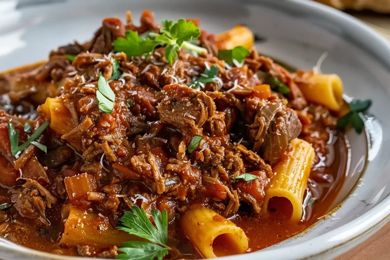 slow cooked shredded beef ragu pasta top