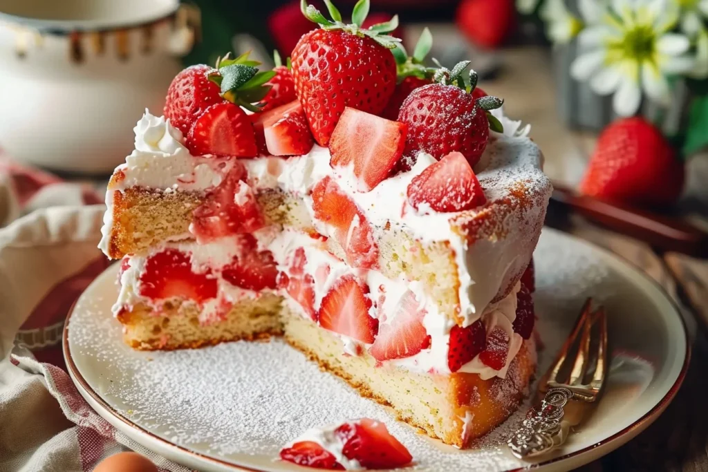 A beautifully decorated strawberry cake with fresh strawberries on top, sitting on a white plate