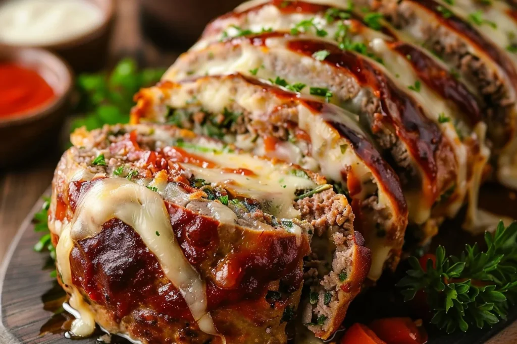 A delicious slice of stuffed Philly cheesesteak meatloaf topped with melted cheese and served on a wooden cutting board.