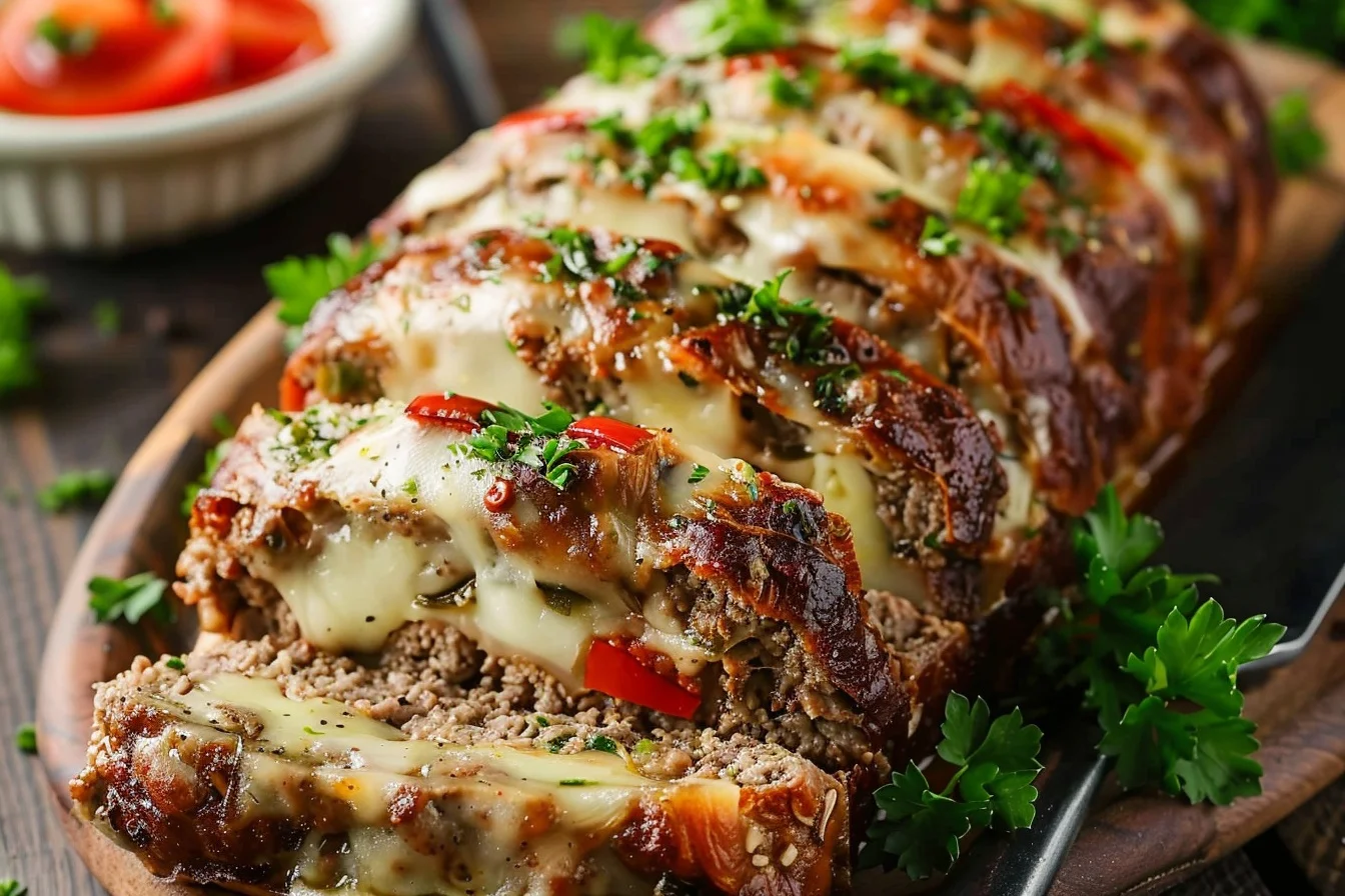 stuffed philly cheesesteak meatloaf top