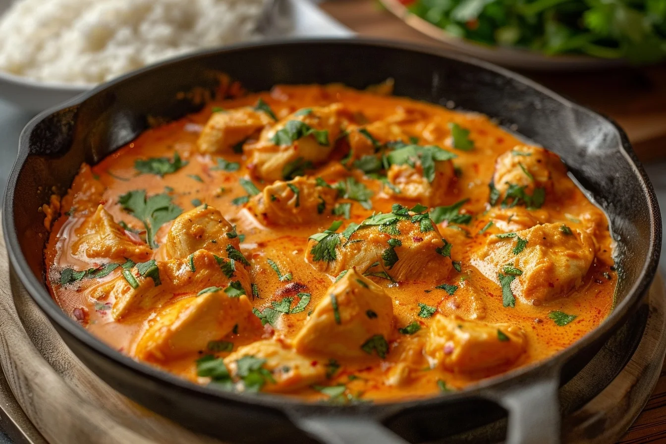 A delicious Texas Roadhouse Butter Chicken Skillet served with fresh herbs and a side of rice