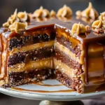 A decadent turtle caramel cake topped with chocolate drizzle and pecans on a white plate
