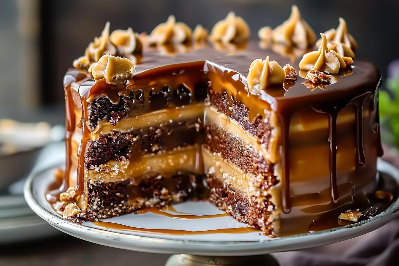 A decadent turtle caramel cake topped with chocolate drizzle and pecans on a white plate