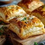Golden brown garlic cheese puff pastries arranged on a rustic wooden table