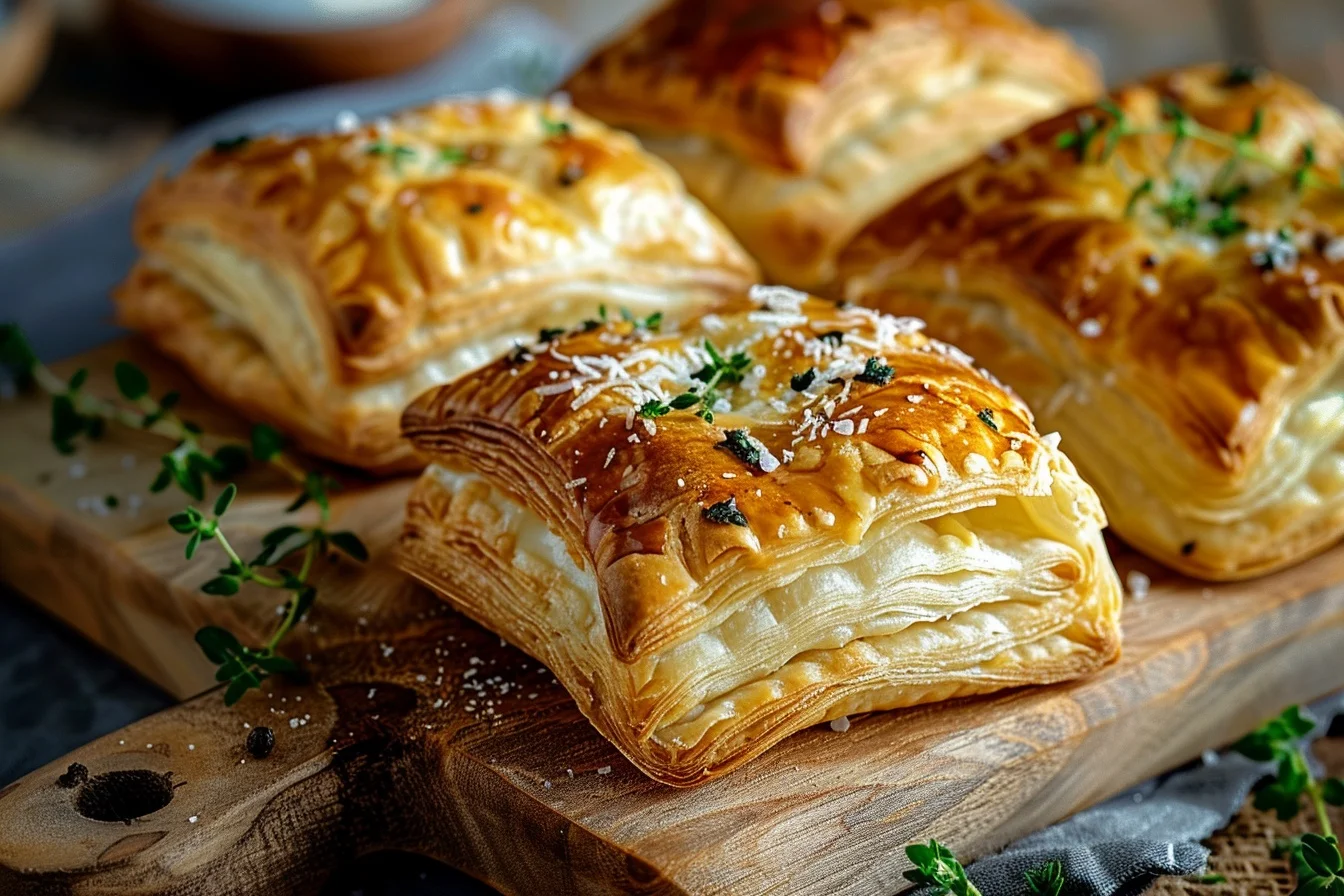 Golden brown garlic cheese puff pastries arranged on a rustic wooden table