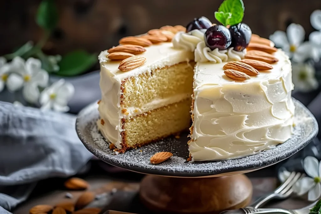 A beautifully decorated Vanilla Bean Almond Cake topped with almond slices and fresh berries, displayed on a white plate.