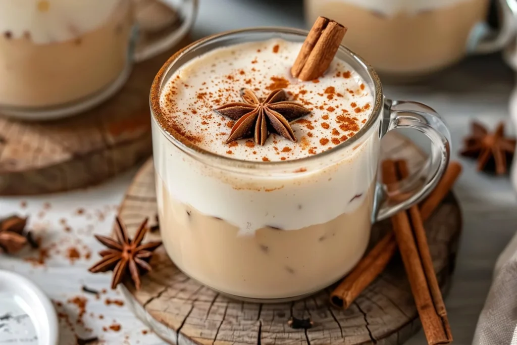 A steaming cup of vanilla cinnamon milk tea topped with a sprinkle of cinnamon and a cinnamon stick