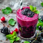 A vibrant black currant smoothie in a glass topped with fresh berries and mint leaves