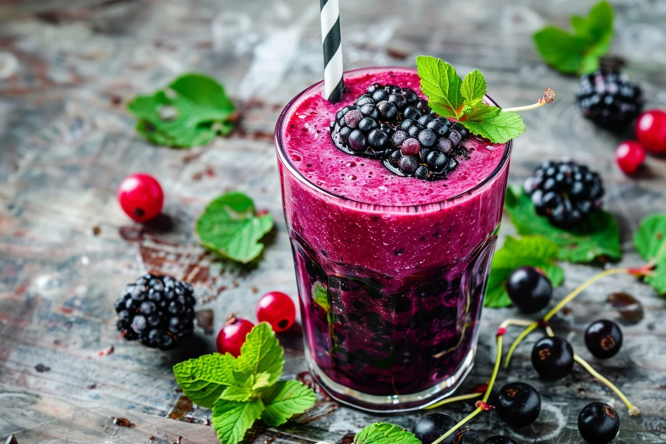 A vibrant black currant smoothie in a glass topped with fresh berries and mint leaves