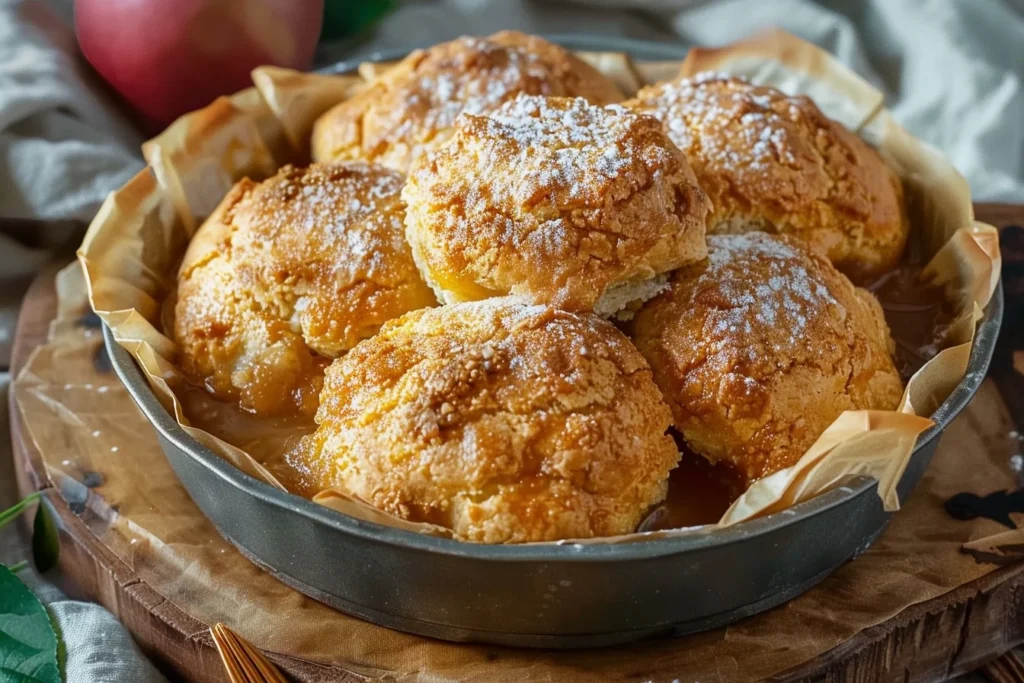 Golden brown air fryer apple pie with a flaky crust and visible apple filling, garnished with a scoop of vanilla ice cream