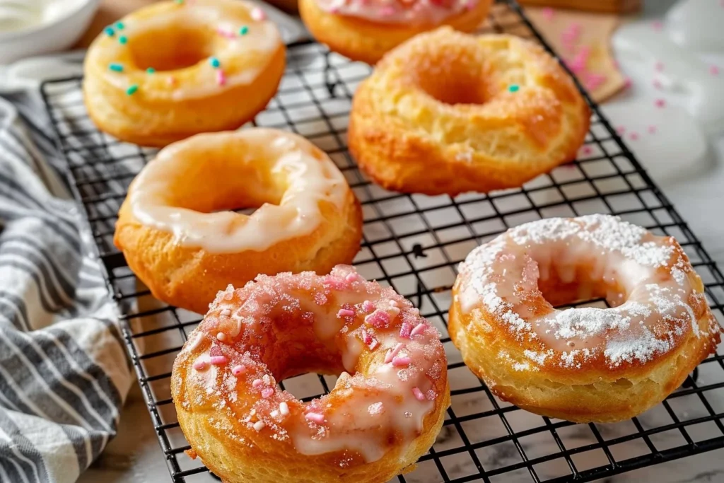 A plate of freshly made air fryer biscuit donuts topped with colorful sprinkles and drizzled with icing.