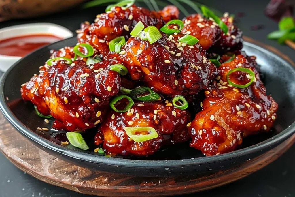 Air Fryer Korean Chicken: 7 Crispy Recipes You’ll Love 1 A plate of crispy Air Fryer Korean Chicken garnished with sesame seeds and green onions, served with dipping sauce