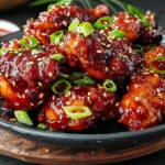A plate of crispy Air Fryer Korean Chicken garnished with sesame seeds and green onions, served with dipping sauce