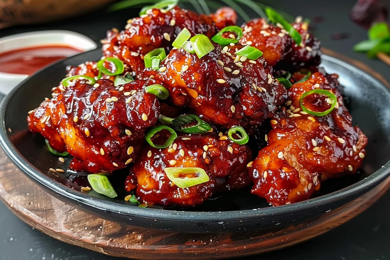 A plate of crispy Air Fryer Korean Chicken garnished with sesame seeds and green onions, served with dipping sauce