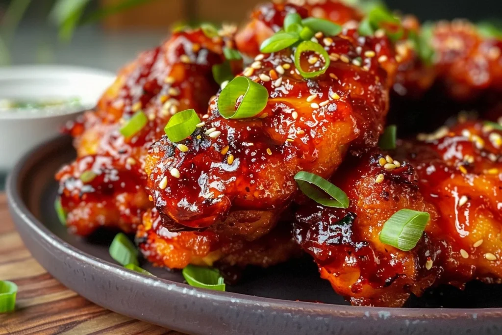 A plate of golden-brown air fryer Korean chicken garnished with sesame seeds and green onions