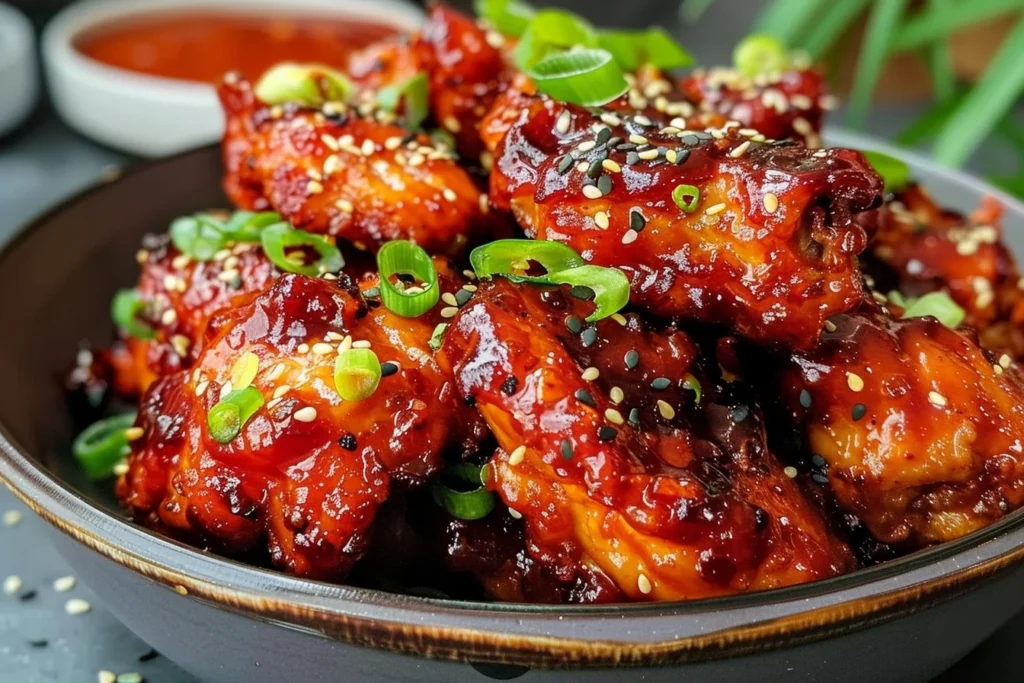 A plate of golden-brown crispy Korean chicken wings garnished with sesame seeds and green onions